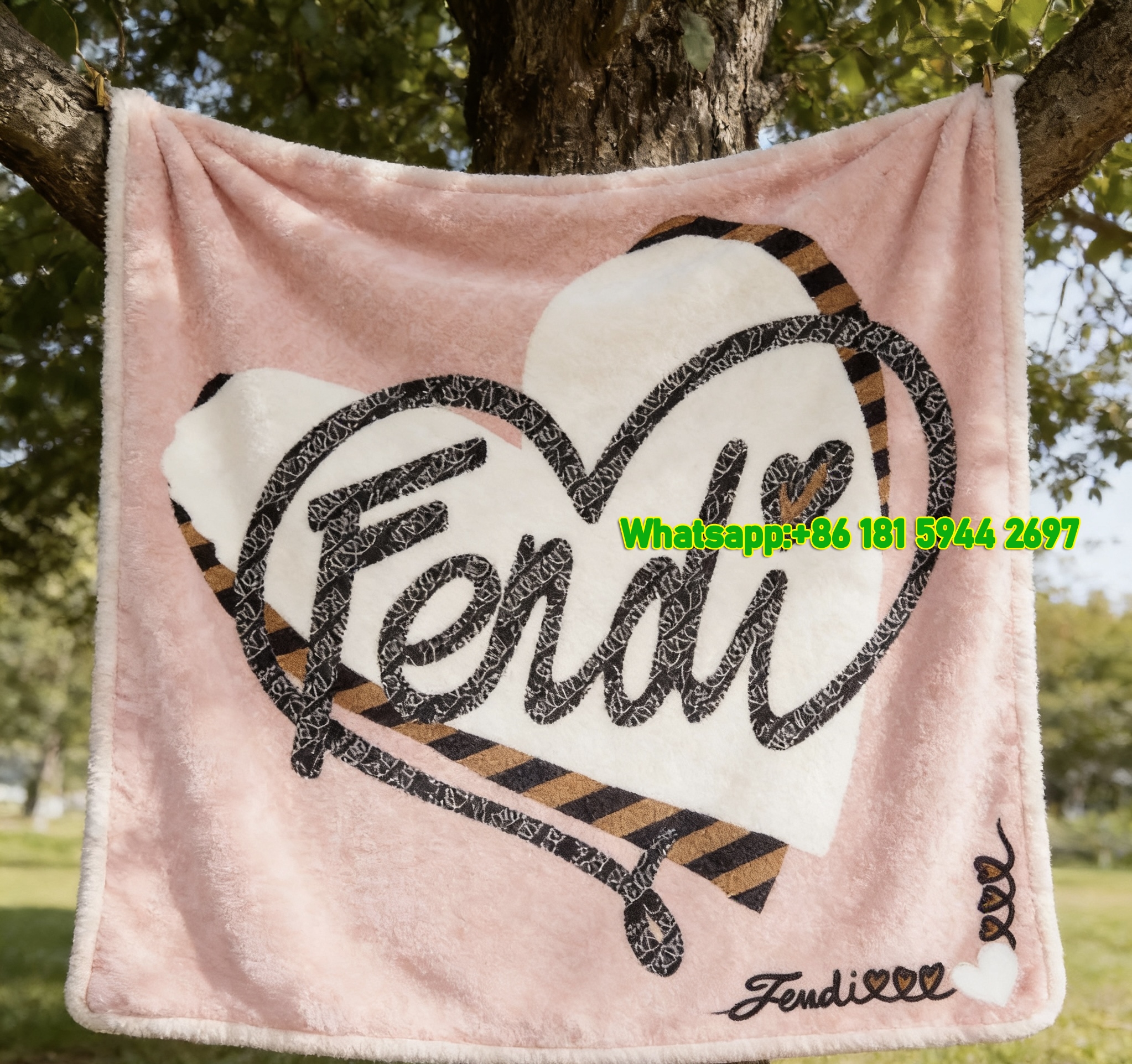 Fendi Pink Heart Script Monogram Flannel Sofa Throw Blanket IMG_9446